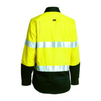 High-visibility yellow and bottle green work shirt with reflective stripes for safety, rear view
