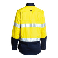 High-visibility yellow and blue work shirt with reflective stripes for safety, rear view.