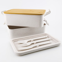 A dual-compartment lunch box in white with a gold lid, featuring a tray and cutlery set in white.