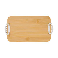 A bamboo cutting board with white clasps on the sides, featuring a smooth, natural finish.