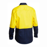 Back view of industrial work shirt with closed front in yellow and navy