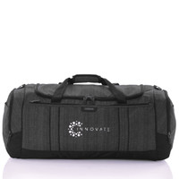A grey duffle bag with black accents and a logo, featuring multiple zippered compartments and sturdy handles.