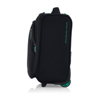 A black underseater bag with teal accents and wheels, featuring a sleek design and a logo.