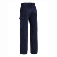 Back view of navy blue cargo pants for men with multiple pockets.
