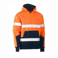 High-visibility orange hooded sweatshirt with reflective stripes for safety.