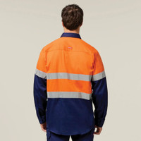 Back view of a man wearing an orange and navy taped high-visibility work shirt.