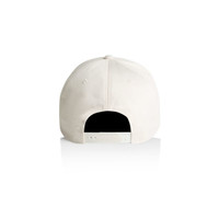 A white cap with a black underside, featuring a logo on the back.