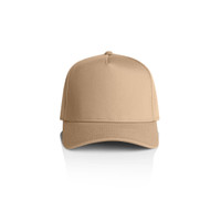 A beige cap with a structured design and a curved brim, featuring a logo on the front.