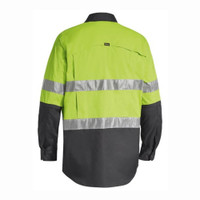 Back view of Hi-vis reflective safety work shirt in lime and charcoal with long sleeves and contrasting colors.
