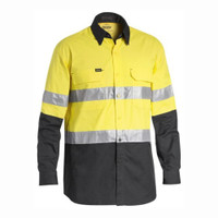 Hi-vis reflective safety work shirt in yellow and charcoal with long sleeves and contrasting colors.