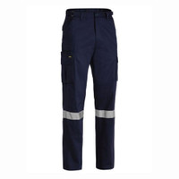 Navy blue cargo pants with reflective safety stripes.