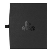 A black travel gift set with a logo, featuring a sleek and minimalist design.