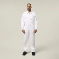 Male model wearing a white work jumpsuit and black work boots against a neutral background.