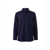Navy blue long-sleeve button-up shirt with chest pockets.