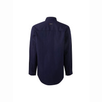Back view of navy blue long-sleeve button-up shirt with chest pockets.