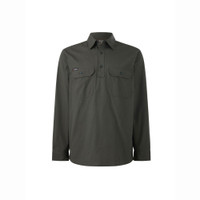 Dark green long-sleeve button-up shirt with chest pockets.