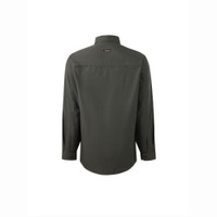Back view of dark green long-sleeve button-up shirt with chest pockets.