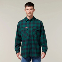 Man wearing green checkered flannel shirt.