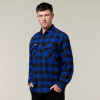 Man wearing blue checkered flannel shirt.