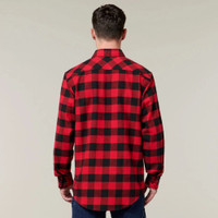 Back view of man wearing red checkered flannel shirt.