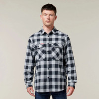 Man wearing white checkered flannel shirt.