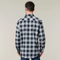 Back view of man wearing white checkered flannel shirt.