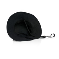 A black wide brim bucket hat with an adjustable strap, featuring an interior lining and a logo.