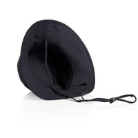 A black wide brim bucket hat with an adjustable strap, featuring a simple design and no visible branding.