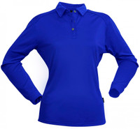 A long-sleeve ladies' polo shirt in vibrant blue, featuring a collar and buttons, with a logo present.