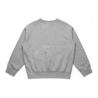 A grey jumper with a crew neck and long sleeves, featuring a fitted waistband and a branding logo.