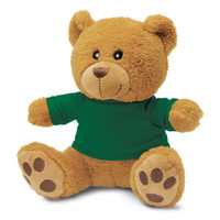 A brown teddy bear plush toy wearing a green shirt, featuring a soft texture and paw print details.