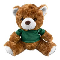 A plush teddy bear in brown fur, wearing a green shirt, with black eyes and white inner ears. It has a logo on the shirt.