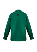 A green women's outdoor long sleeve shirt with a button-up design and logo on the back.