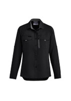 A black women's long sleeve outdoor button-up shirt with multiple pockets and a logo.