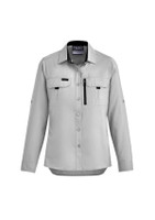A light grey women's outdoor long sleeve button-up shirt with two chest pockets and a logo.