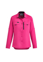 A pink women's outdoor long sleeve shirt with a button-up front and two chest pockets, featuring a logo.