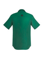 A green men's outdoor short sleeve button-up shirt, featuring a plain design and a logo on the back.