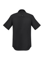 A short-sleeve button-up shirt in black with a collar and a logo on the back.