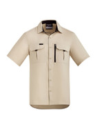 A short sleeve button-up shirt in beige with multiple pockets and a logo.