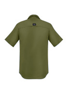A short-sleeve men's button-up shirt in olive green, featuring a small logo on the back.