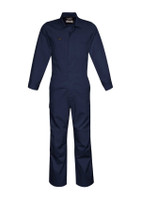 A navy lightweight cotton drill overall with long sleeves and a front pocket, featuring a logo.