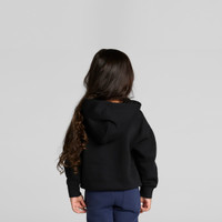 A black hoodie with a hood, worn by a child with long hair, facing away from the camera.