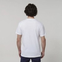 Man wearing a plain white t-shirt viewed from the back.