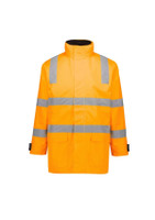 A waterproof unisex jacket in bright orange with reflective silver stripes and a high collar. It has two front pockets and a branding logo.