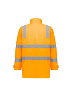 A waterproof jacket in bright orange with reflective strips, featuring a logo on the back. Suitable for visibility.