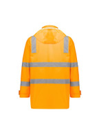 A waterproof, unisex hi-vis jacket in bright orange with reflective stripes and a hood. Features a logo.