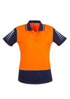A women's short sleeve polo in high visibility orange and navy, featuring a logo on the chest and striped detailing on sleeves.