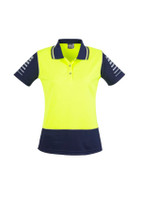 A women's short sleeve polo shirt in bright yellow with navy blue accents and a logo on the chest.