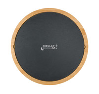 A round bamboo cheese board with a black slate top and a logo printed on it.