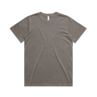 A heavy faded green t-shirt with a crew neck, featuring a logo.